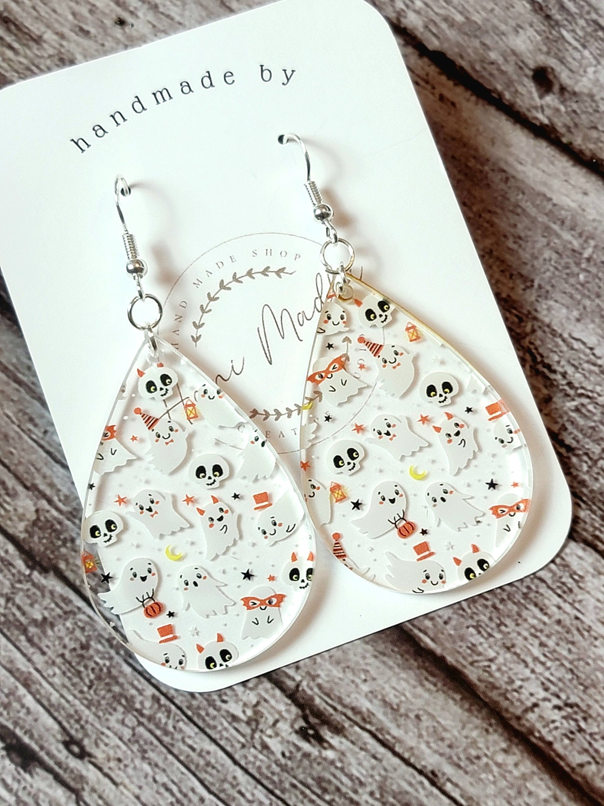 Mini Ghosts Teardrop Earrings , Halloween Ghost Acrylic Earrings.