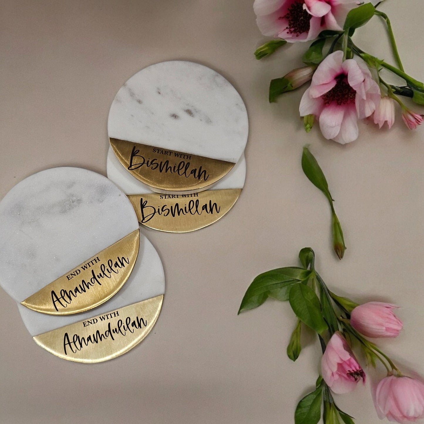 Start with Bismillah marble and brass coasters,, Eid Decor, Ramadan Decor, Muslim Gift, Start with Bismillah, End with Alhumdulilah