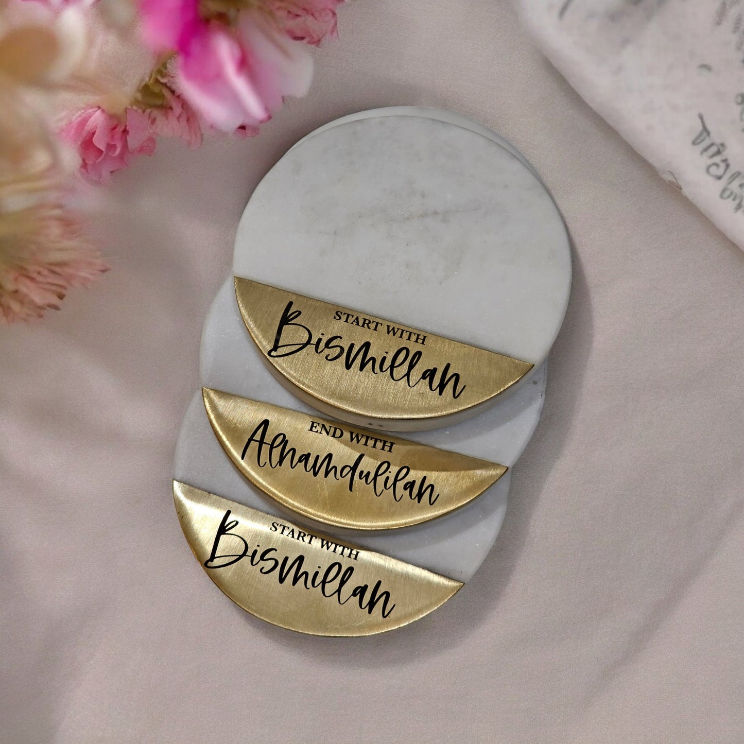 Start with Bismillah marble and brass coasters,, Eid Decor, Ramadan Decor, Muslim Gift, Start with Bismillah, End with Alhumdulilah