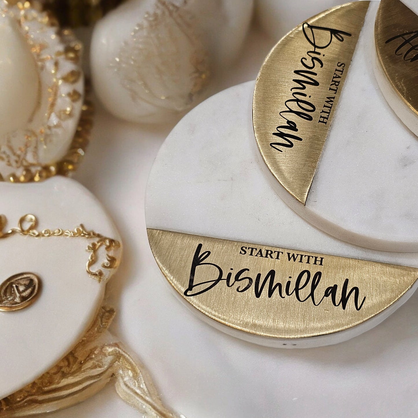 Start with Bismillah marble and brass coasters,, Eid Decor, Ramadan Decor, Muslim Gift, Start with Bismillah, End with Alhumdulilah