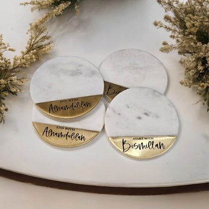 Start with Bismillah marble and brass coasters,, Eid Decor, Ramadan Decor, Muslim Gift, Start with Bismillah, End with Alhumdulilah