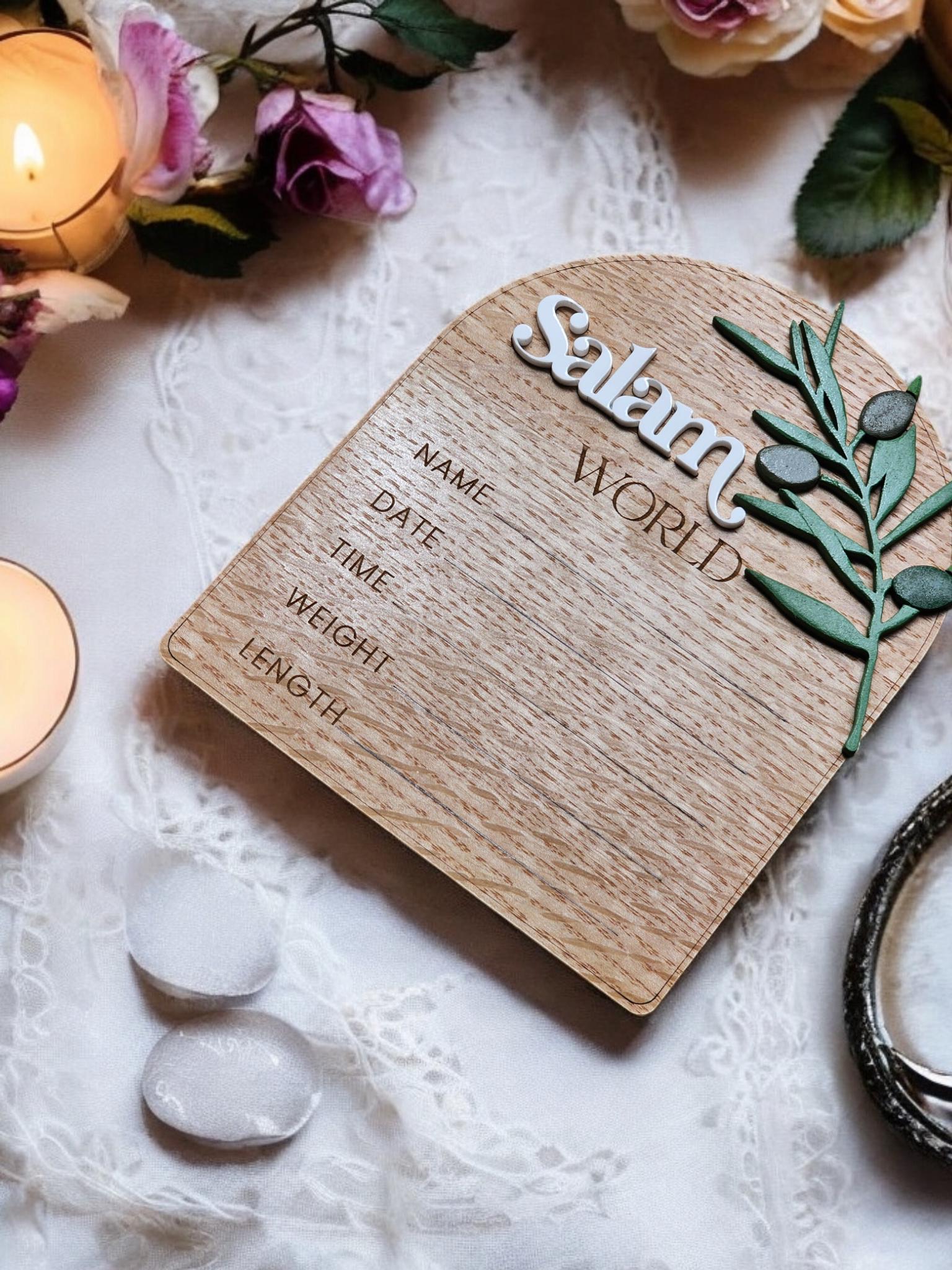 Salam World baby Announcement stats, Salam Baby Sign, Muslim Baby Gift, Salam World Baby Sign, Baby Shower Gift, Birth Announcement Plaque