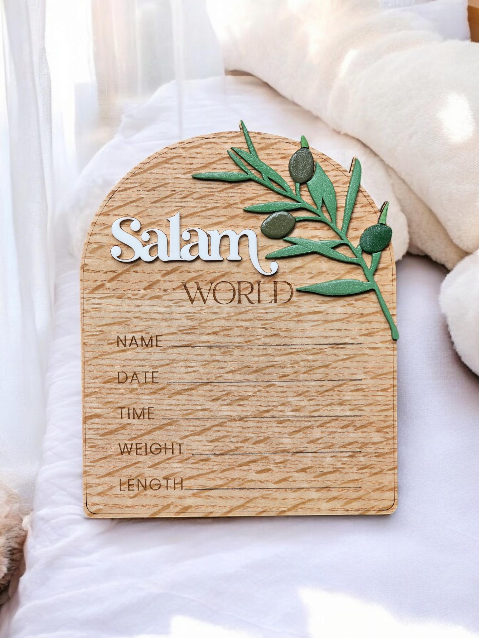 Salam World baby Announcement stats, Salam Baby Sign, Muslim Baby Gift, Salam World Baby Sign, Baby Shower Gift, Birth Announcement Plaque
